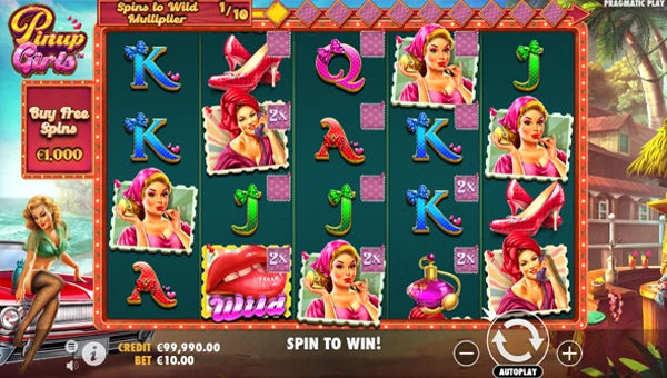 Pinup Girls base game screenshot showing reels and features