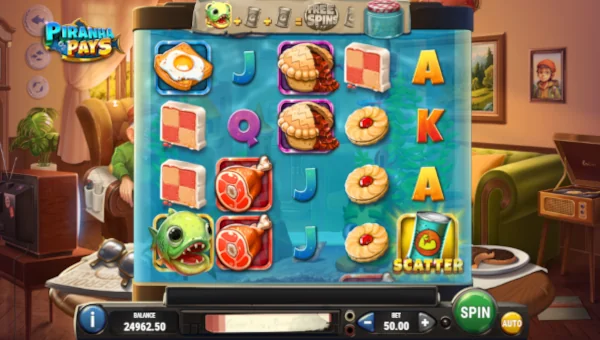 Piranha Pays base game screenshot showing reels and features