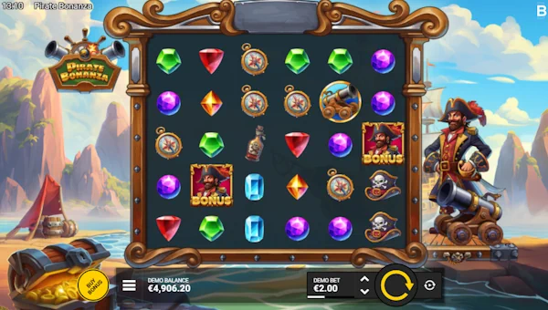 Pirate Bonanza base game screenshot showing reels and features