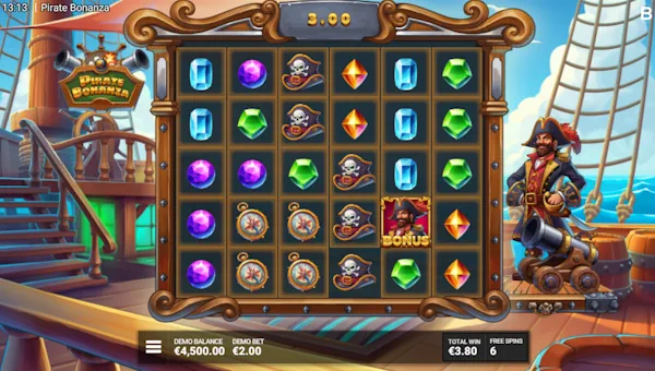 Screenshot of Pirate Bonanza slot demo showing reels and bonus game features