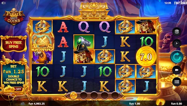 Pirate Multi Coins base game screenshot showing reels and features