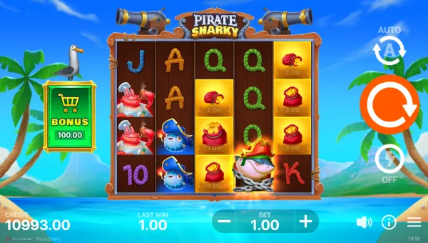 Pirate Sharky base game screenshot showing reels and features
