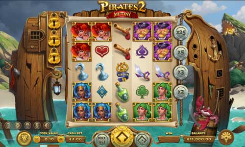 Pirates 2 Mutiny base game screenshot showing reels and features