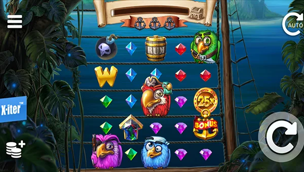 Pirots base game screenshot showing reels and features