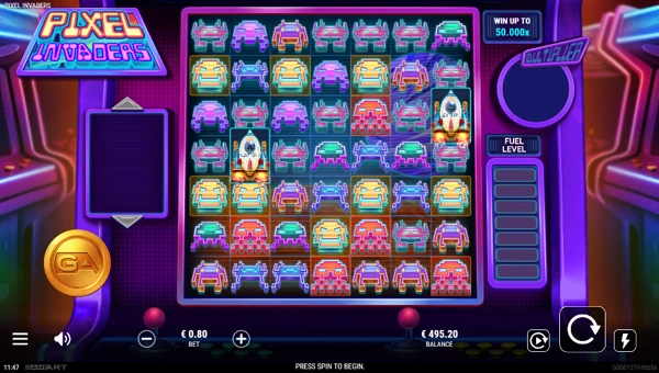 Pixel Invaders base game screenshot showing reels and features