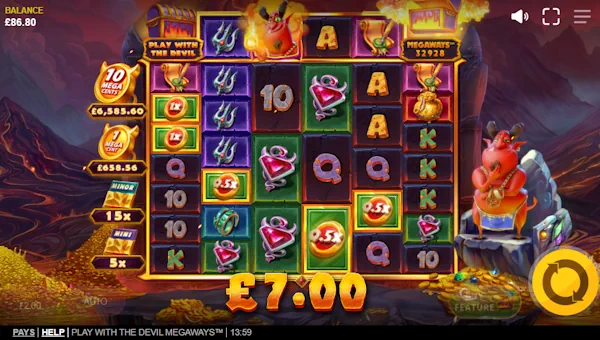 Play With the Devil Megaways base game screenshot showing reels and features
