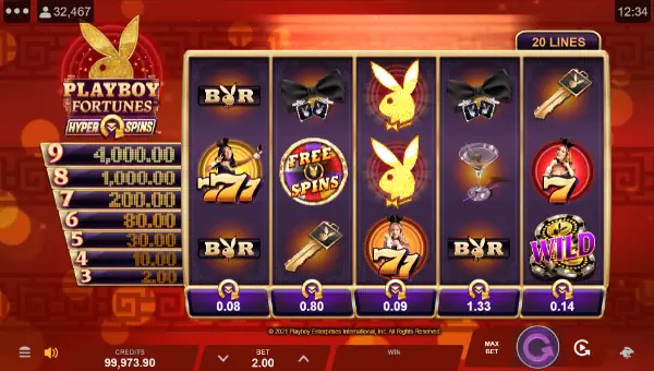 Playboy Fortune Hyperspins base game screenshot showing reels and features