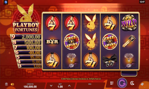 Playboy Fortunes base game screenshot showing reels and features
