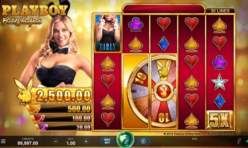 Playboy Gold Jackpots base game screenshot showing reels and features