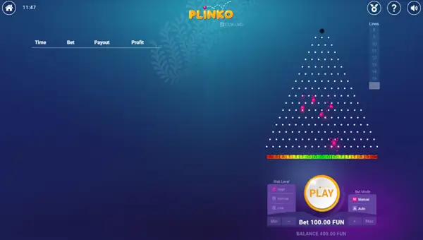 Plinko base game screenshot showing reels and features