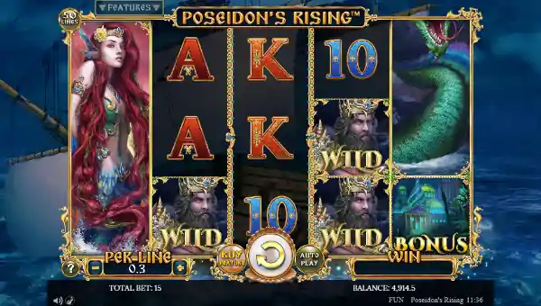 Poseidons Rising base game screenshot showing reels and features