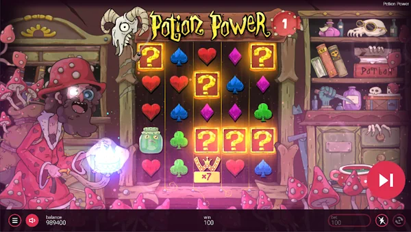 Screenshot of Potion Power slot demo showing reels and bonus game features