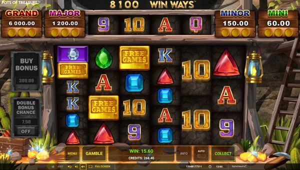 Pots of Treasure Win Ways base game screenshot showing reels and features