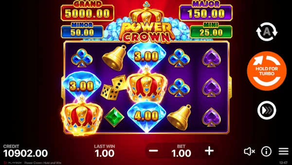 Power Crown base game screenshot showing reels and features