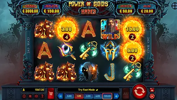 Power of Gods Hades base game screenshot showing reels and features