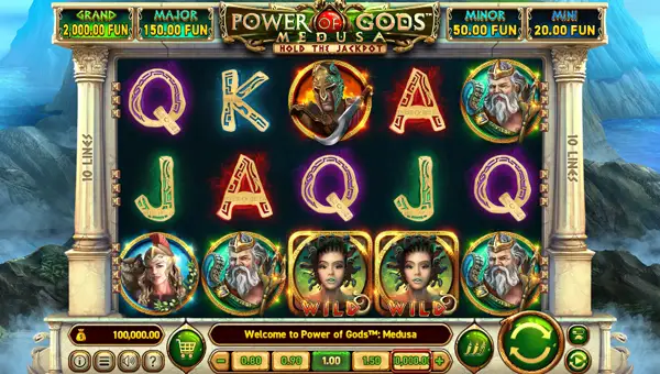 Power of Gods Medusa base game screenshot showing reels and features