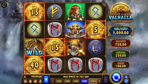 Power of Gods Valhalla base game screenshot showing reels and features