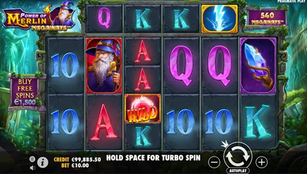 Power of Merlin Megaways base game screenshot showing reels and features