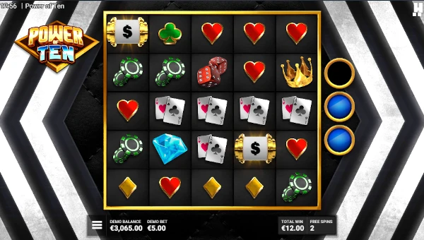 Screenshot of Power of Ten slot demo showing reels and bonus game features