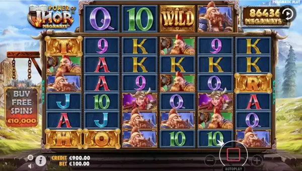 Power of Thor Megaways base game screenshot showing reels and features