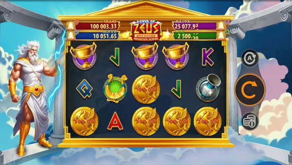 Power of Zeus base game screenshot showing reels and features