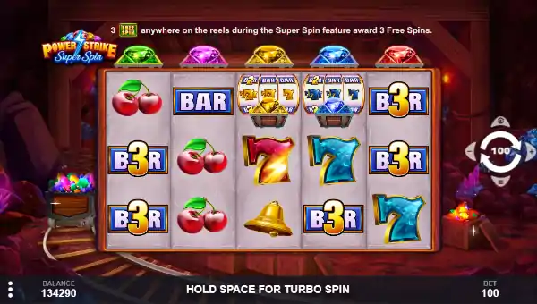 Power Strike Super Spin base game screenshot showing reels and features
