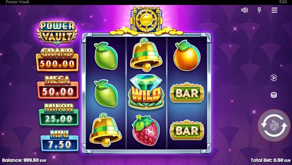 Power Vault base game screenshot showing reels and features