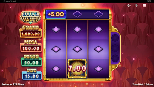 Screenshot of Power Vault slot demo showing reels and bonus game features