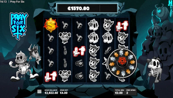 Screenshot of Pray for Six slot demo showing reels and bonus game features