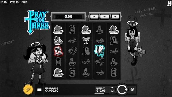 Pray For Three base game screenshot showing reels and features