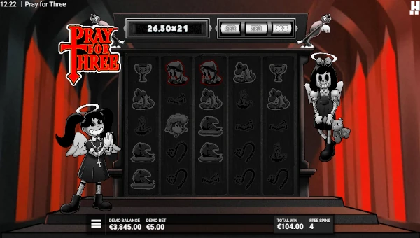 Screenshot of Pray For Three slot demo showing reels and bonus game features