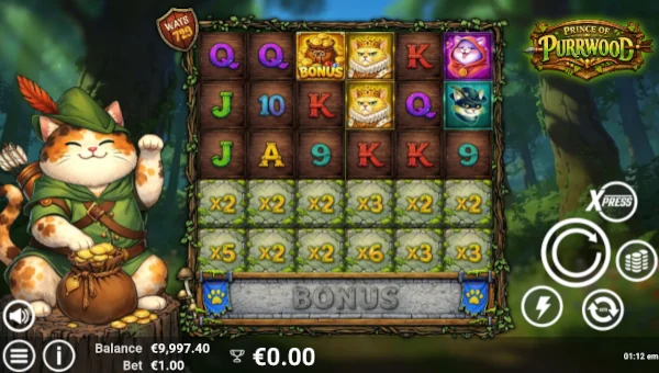 Prince Of Purrwood base game screenshot showing reels and features