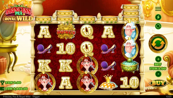 Princess Pea and Royal Wild base game screenshot showing reels and features