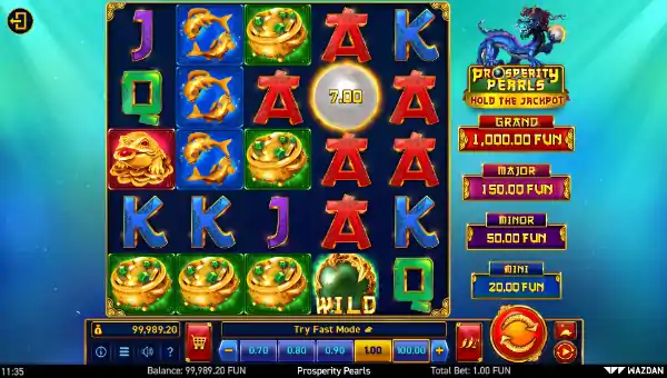 Prosperity Pearls base game screenshot showing reels and features