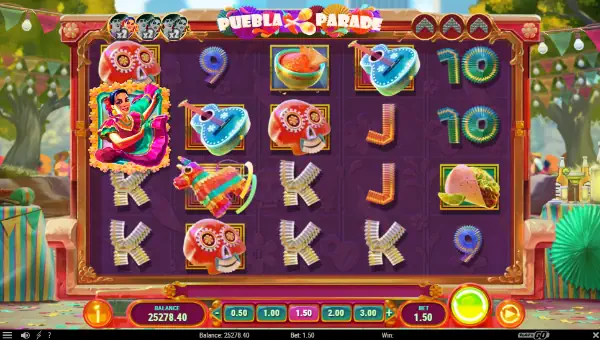 Puebla Parade base game screenshot showing reels and features