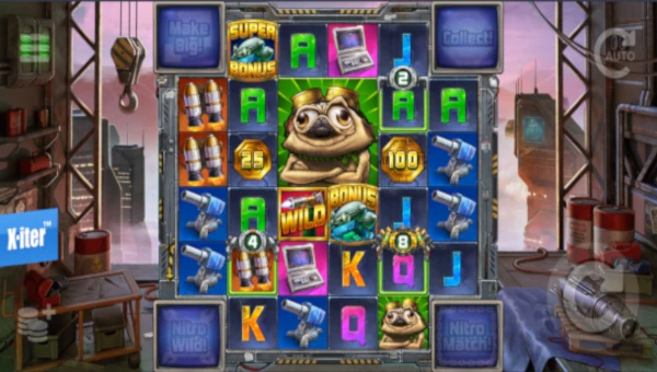 Pug Thugs of Nitropolis base game screenshot showing reels and features