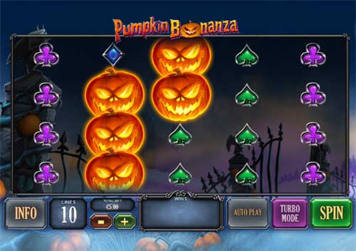Pumpkin Bonanza base game screenshot showing reels and features