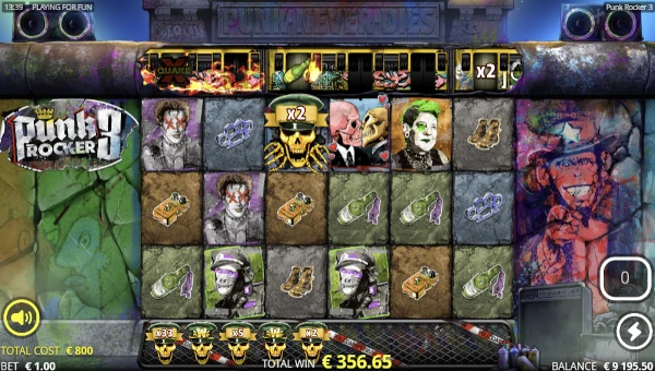 Screenshot of Punk Rocker 3 slot demo showing reels and bonus game features