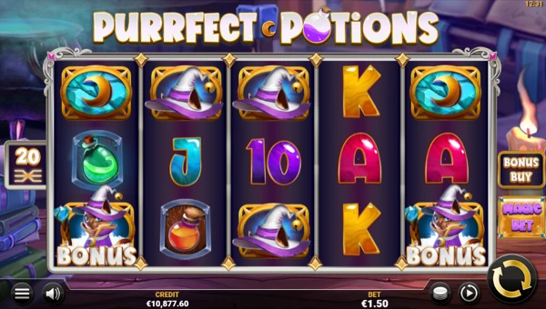 Purrfect Potions base game screenshot showing reels and features