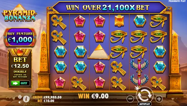 Pyramid Bonanza base game screenshot showing reels and features
