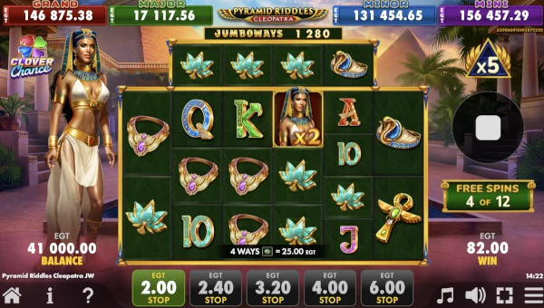Screenshot of Pyramid Riddles Cleopatra slot demo showing reels and bonus game features