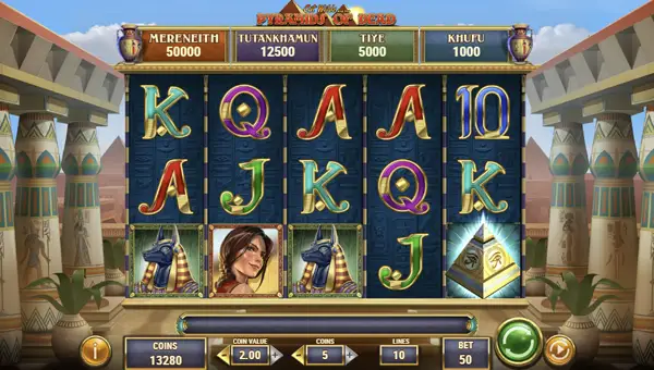 Pyramids of Dead base game screenshot showing reels and features