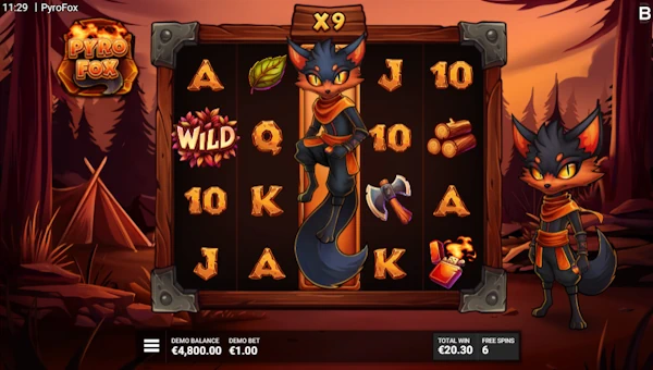 Screenshot of Pyrofox slot demo showing reels and bonus game features