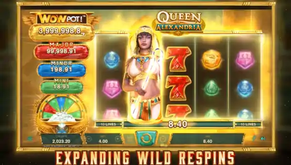 Queen of Alexandria WowPot base game screenshot showing reels and features