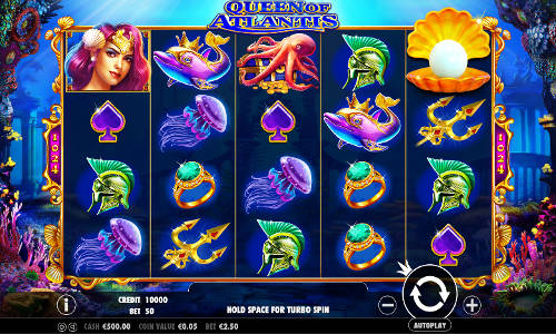 Queen of Atlantis base game screenshot showing reels and features