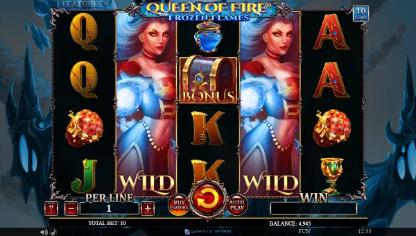 Queen of Fire Frozen Flames base game screenshot showing reels and features