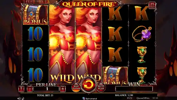 Queen of Fire base game screenshot showing reels and features