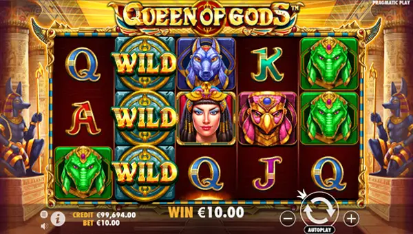 Queen of Gods base game screenshot showing reels and features