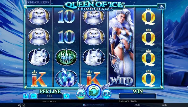 Queen of Ice Frozen Flames base game screenshot showing reels and features