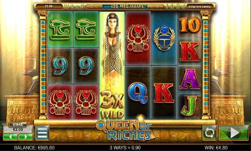 Queen of Riches base game screenshot showing reels and features